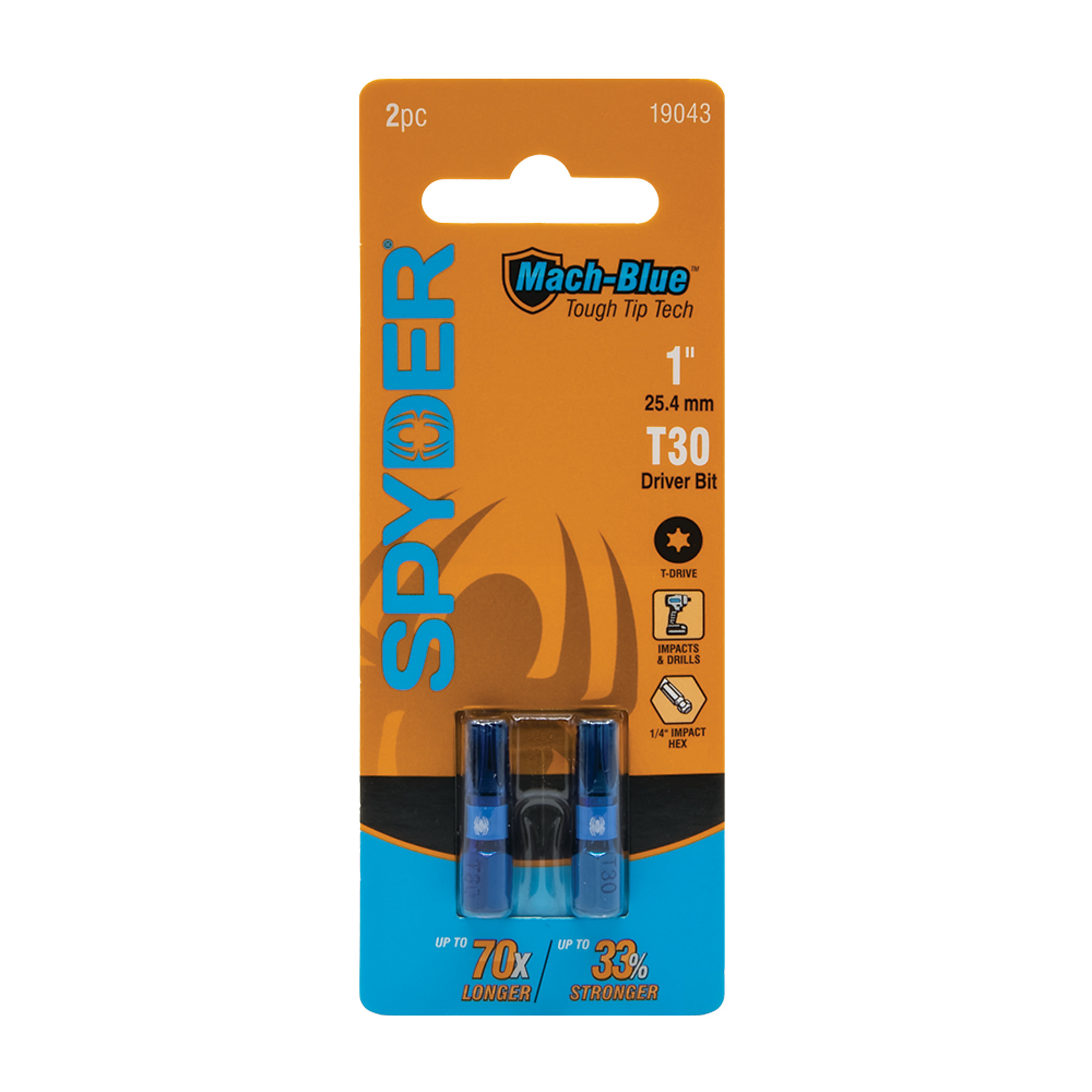 SPYDER Mach-Blue™, 2Pc 1/4in. X 1in. Mach-Blue Impact Driver Bit, T30 Included (qty.) 2 Model# 19043